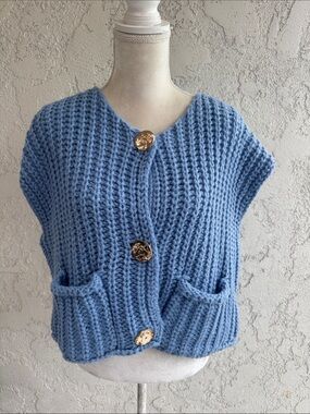 Hand-Knit Chunky Button Vest Cardigan in Sky Blue